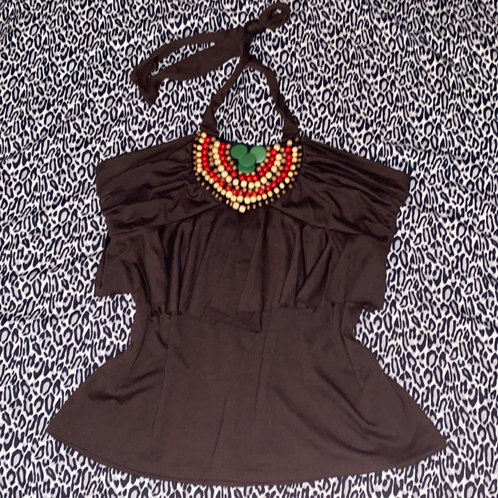Vintage Dots Halter Brown beaded top blouse